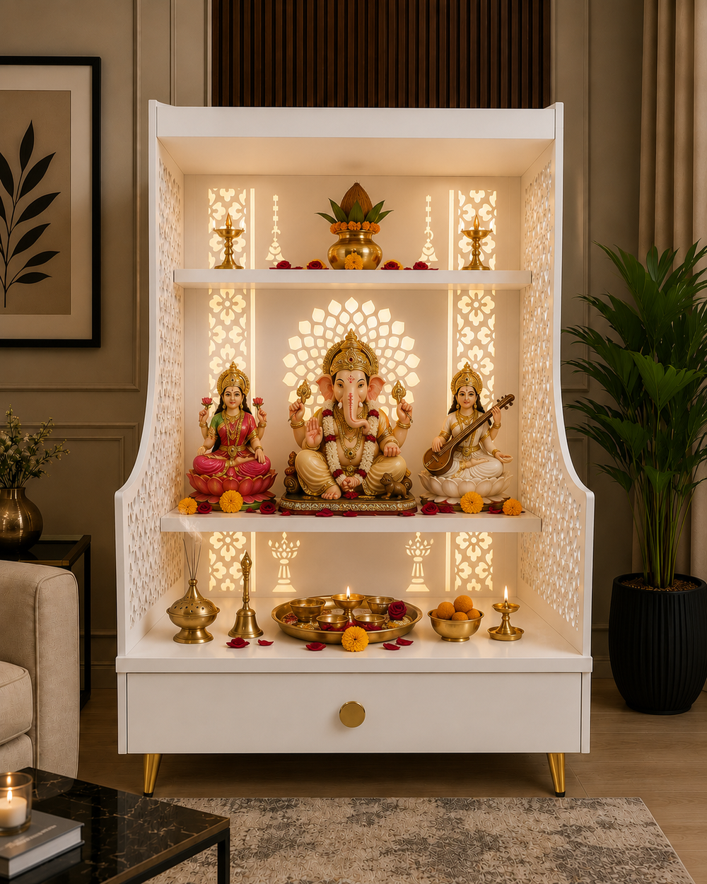 Small Home Mandir with Storage and Carved Floral Side Panels