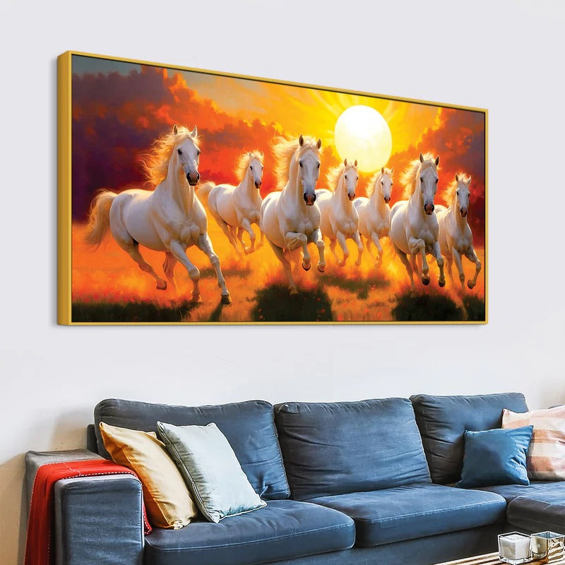 Seven White Horses Running at Dawn Premium Wall Painting (Copy)