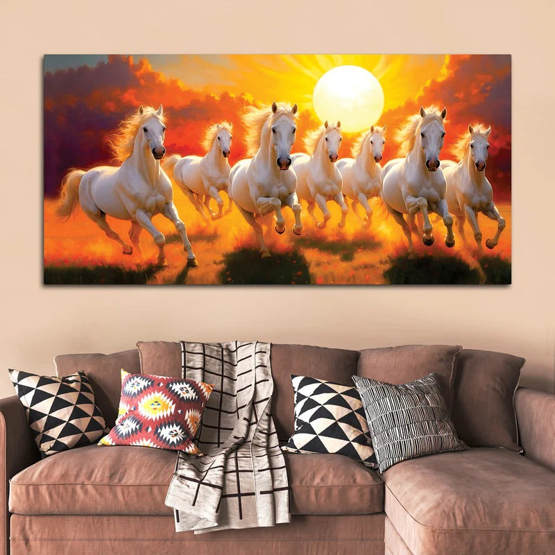 Seven White Horses Running at Dawn Premium Wall Painting (Copy)