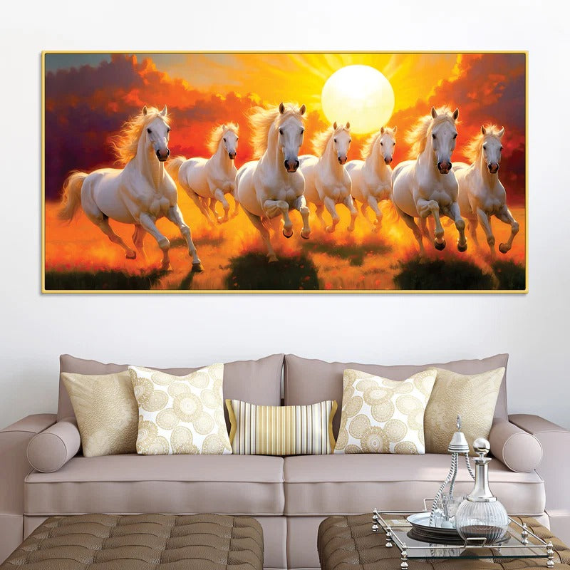 Seven White Horses Running at Dawn Premium Wall Painting (Copy)
