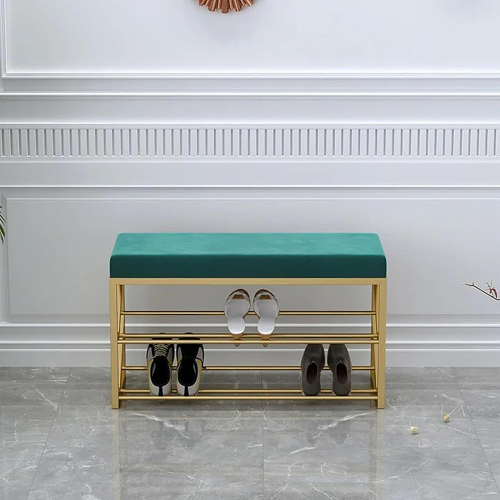 2 Tier Upholstered Organizer Shelf with Green Padded Cushion Seat