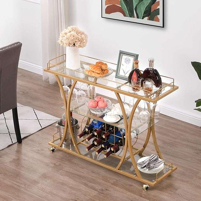 3-Tier Gold Bar Trolley with Glass Shelves & Wine Rack