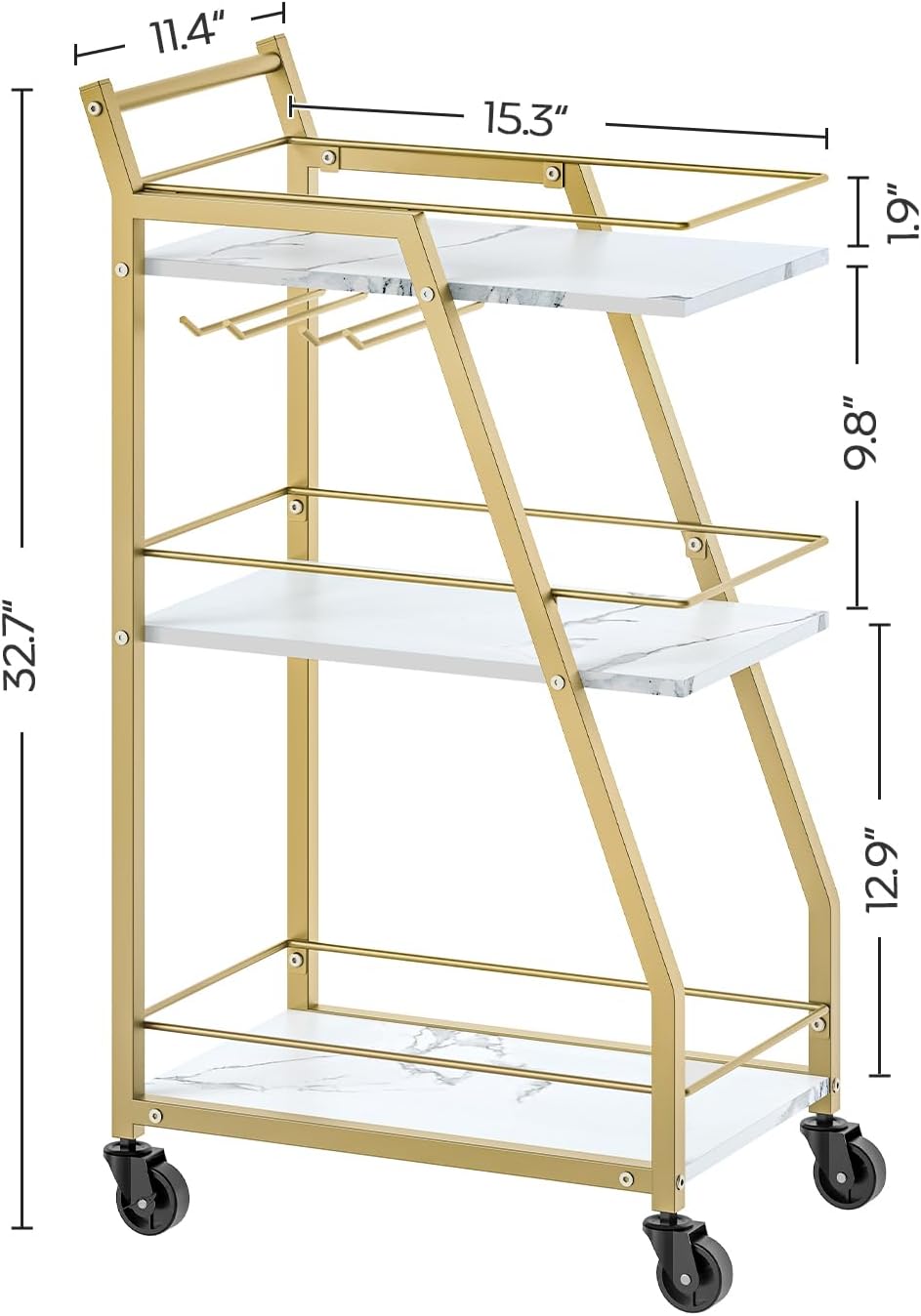 3-Tier Kitchen Bar Trolley in White & Gold Finish