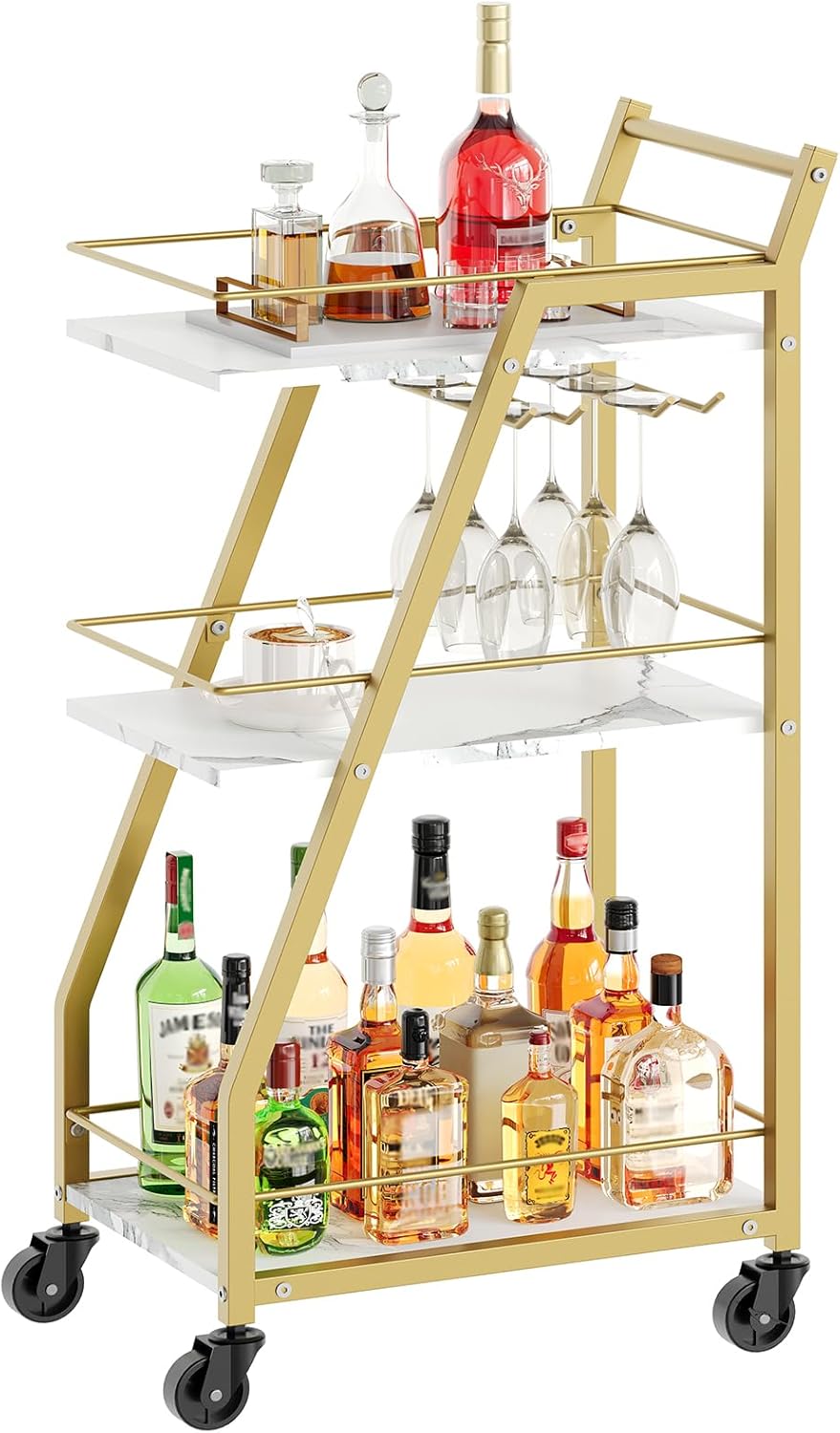 3-Tier Kitchen Bar Trolley in White & Gold Finish