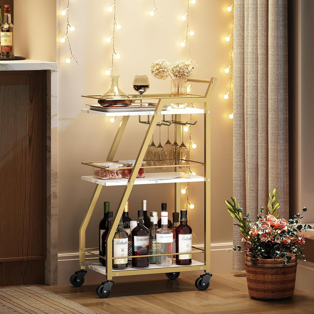 3-Tier Kitchen Bar Trolley in White & Gold Finish