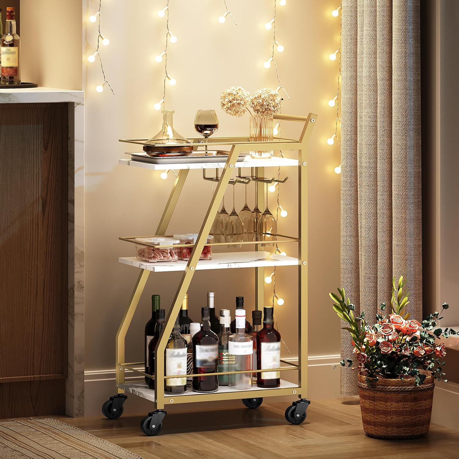 3-Tier Kitchen Bar Trolley in White & Gold Finish