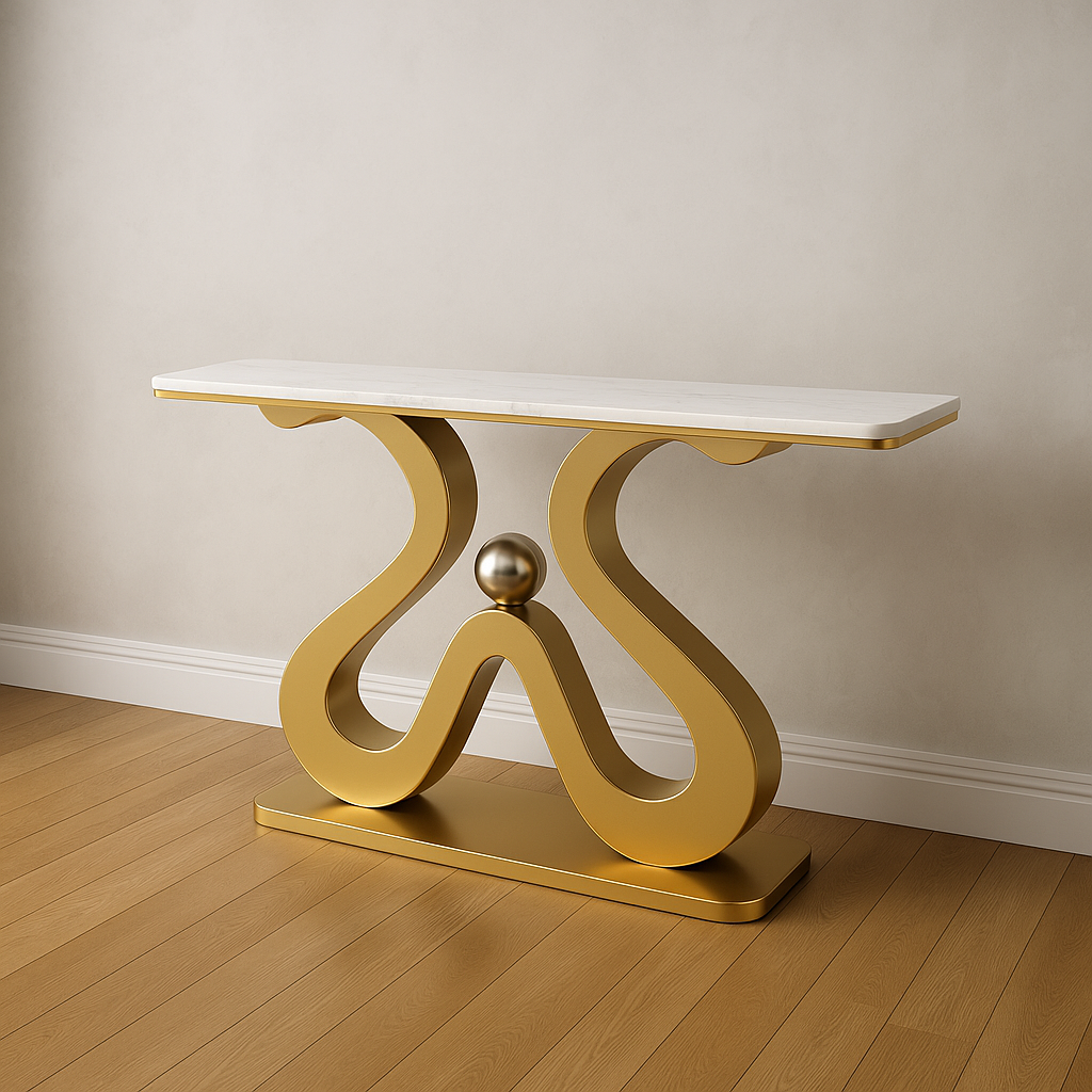 Artistic Marble Console Table with Golden Sculptural Base and Silver Ball