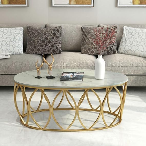 Oval Marble Top Center Table with Gold Frame