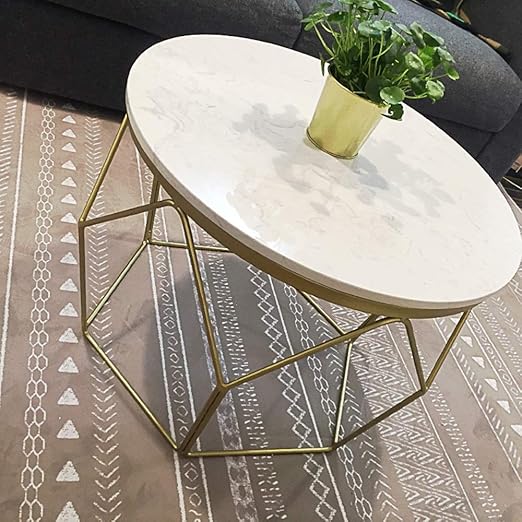 Round Marble Center Table with Geometric Gold Frame