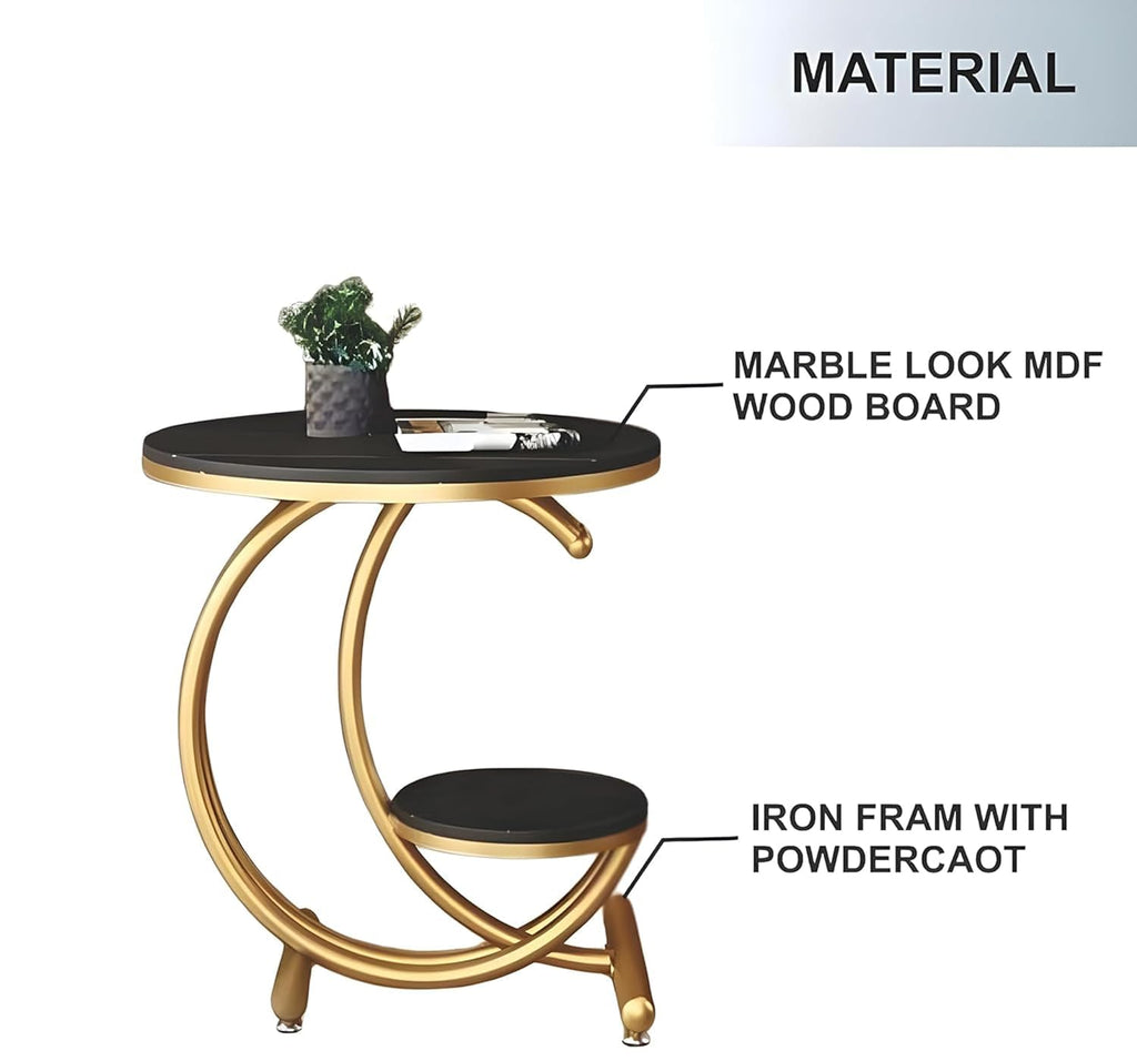 Black Marble Side Table with Gold Ring and Shelf