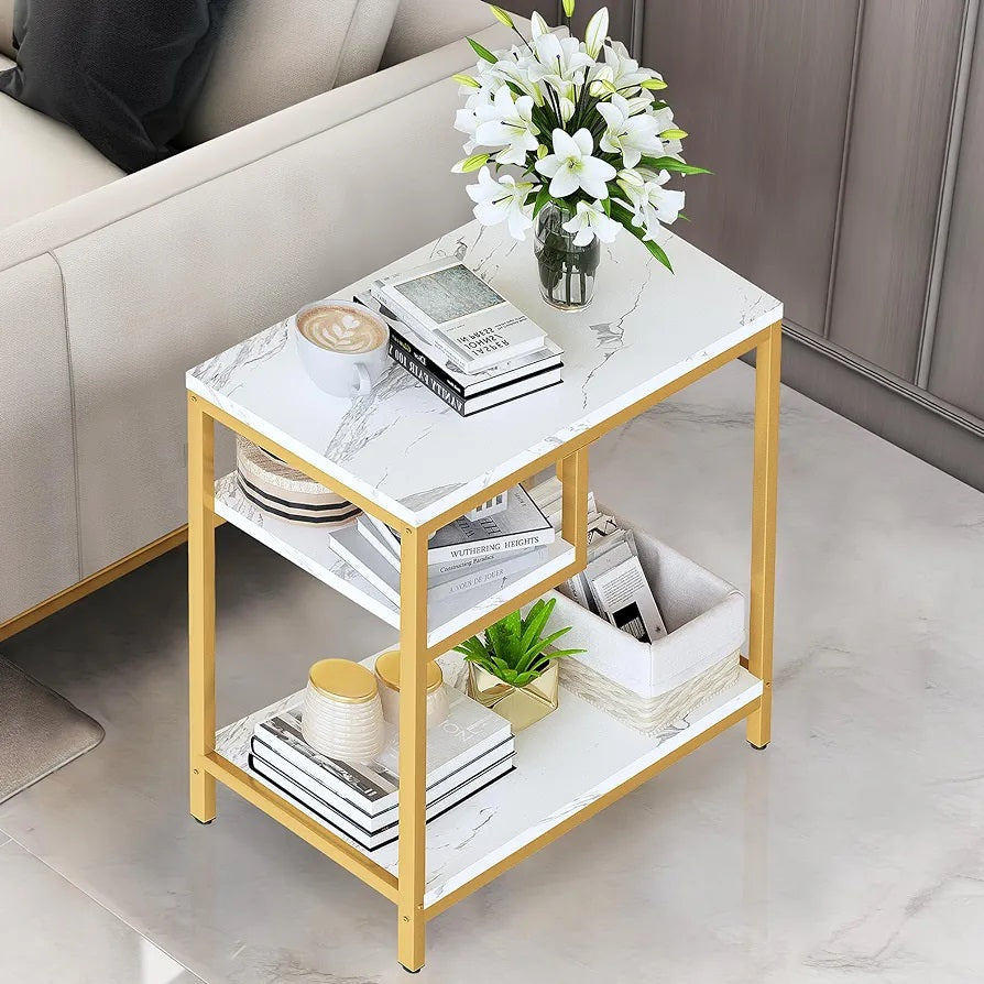 Rectangular Marble Side Table with Shelves and Gold Frame