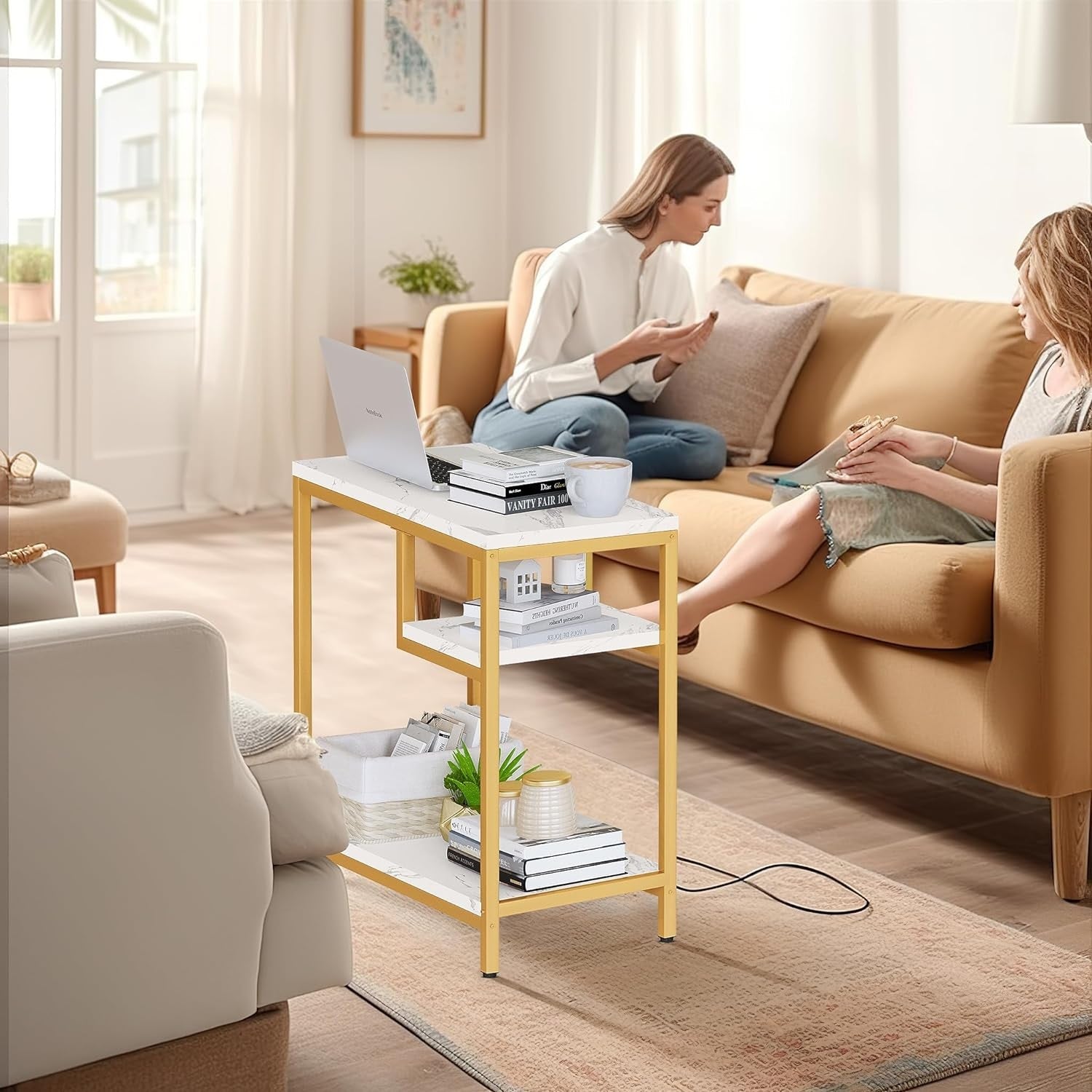 Rectangular Marble Side Table with Shelves and Gold Frame