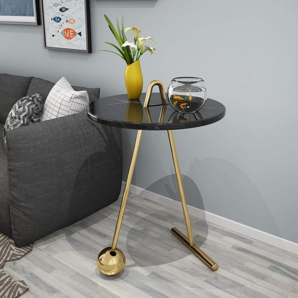 Black Marble Round End Side Table with Gold Base