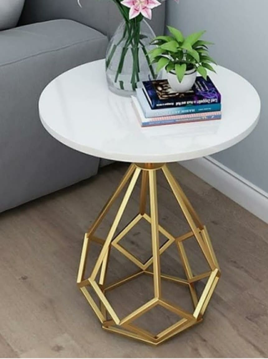 White Marble End Side Table with Hexagon Gold Stand