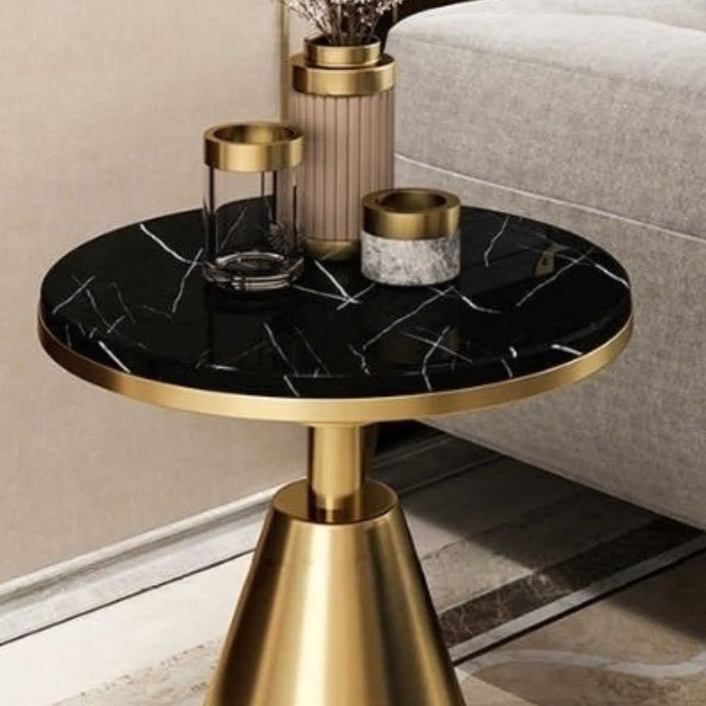 Compact Black Marble Nightstand with Gold Base Side Table
