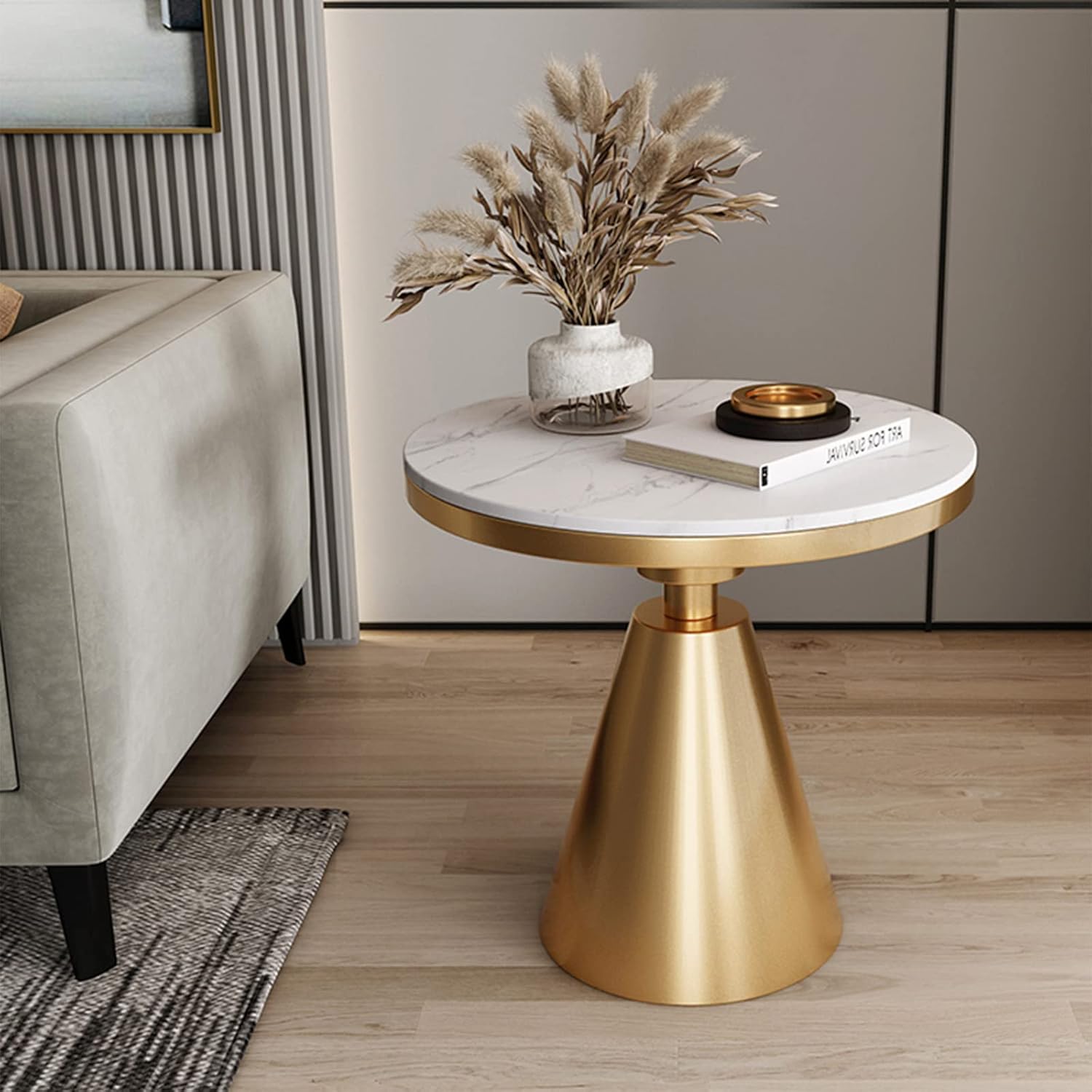 Sofa Side Table with White Marble and Gold Base