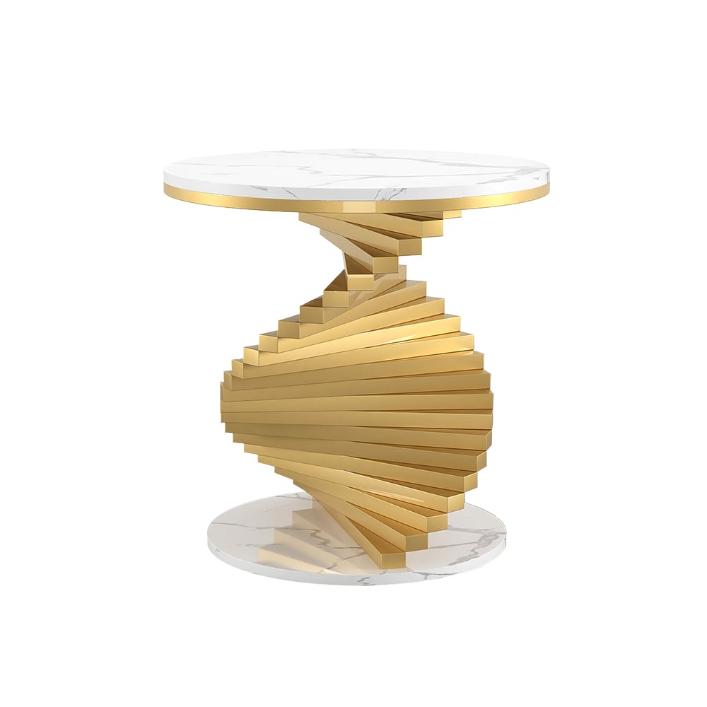 Twisted Gold Pedestal Side Table with White Marble Top