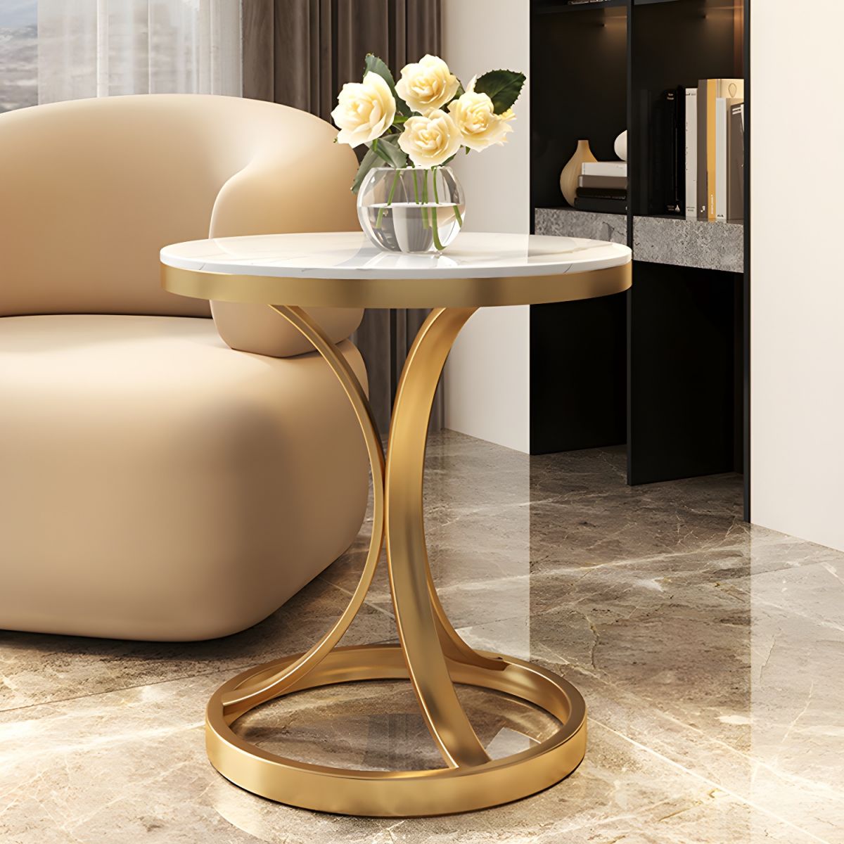 Bed side Round Marble Table with Gold Circle Base
