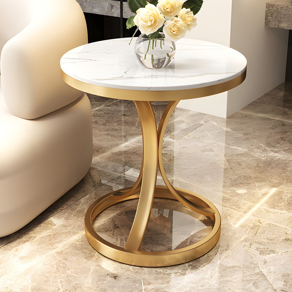 Bed side Round Marble Table with Gold Circle Base