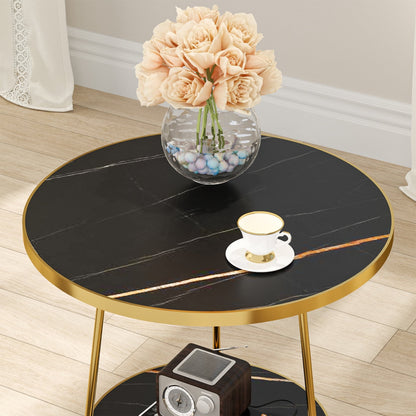 Modern Round Black Marble Side Table with Shelf