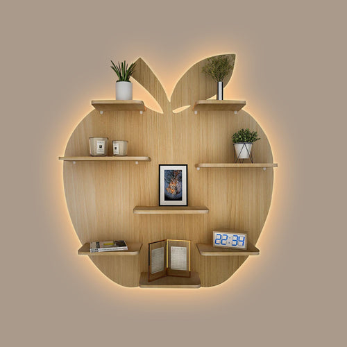 Apple Backlit Wooden Wall Shelf | Light Oak Bookcase & Night Light - Decorsmart