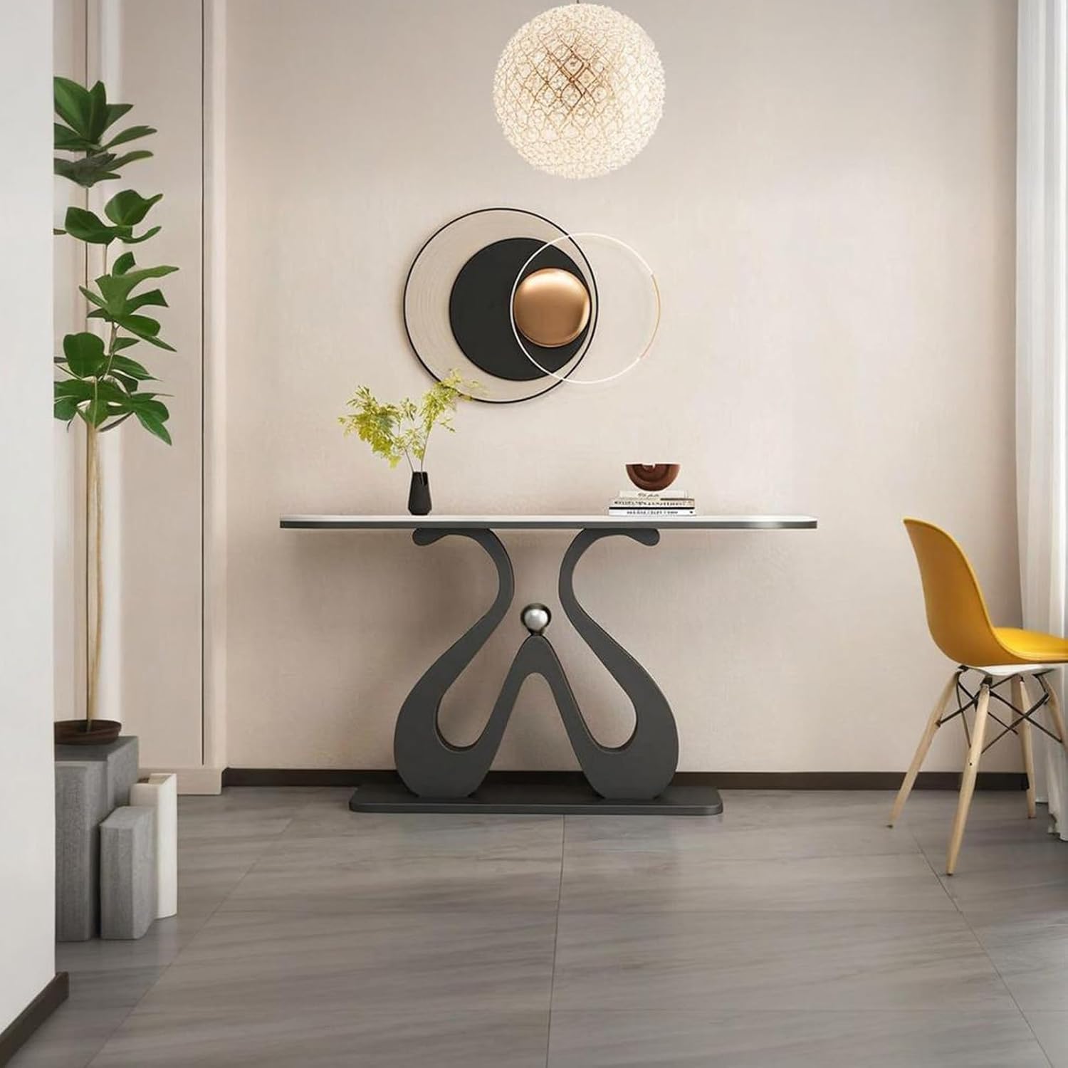 Artistic Marble Console Table with Black Sculptural Base and Silver Ball