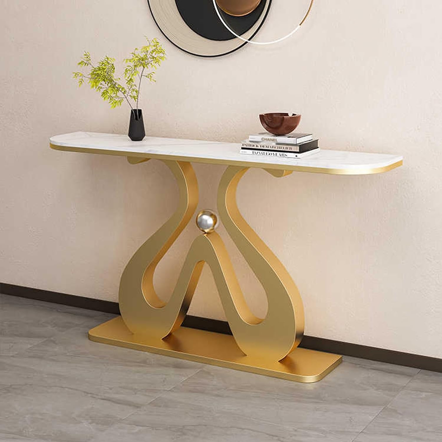 Artistic Marble Console Table with Golden Sculptural Base and Silver Ball