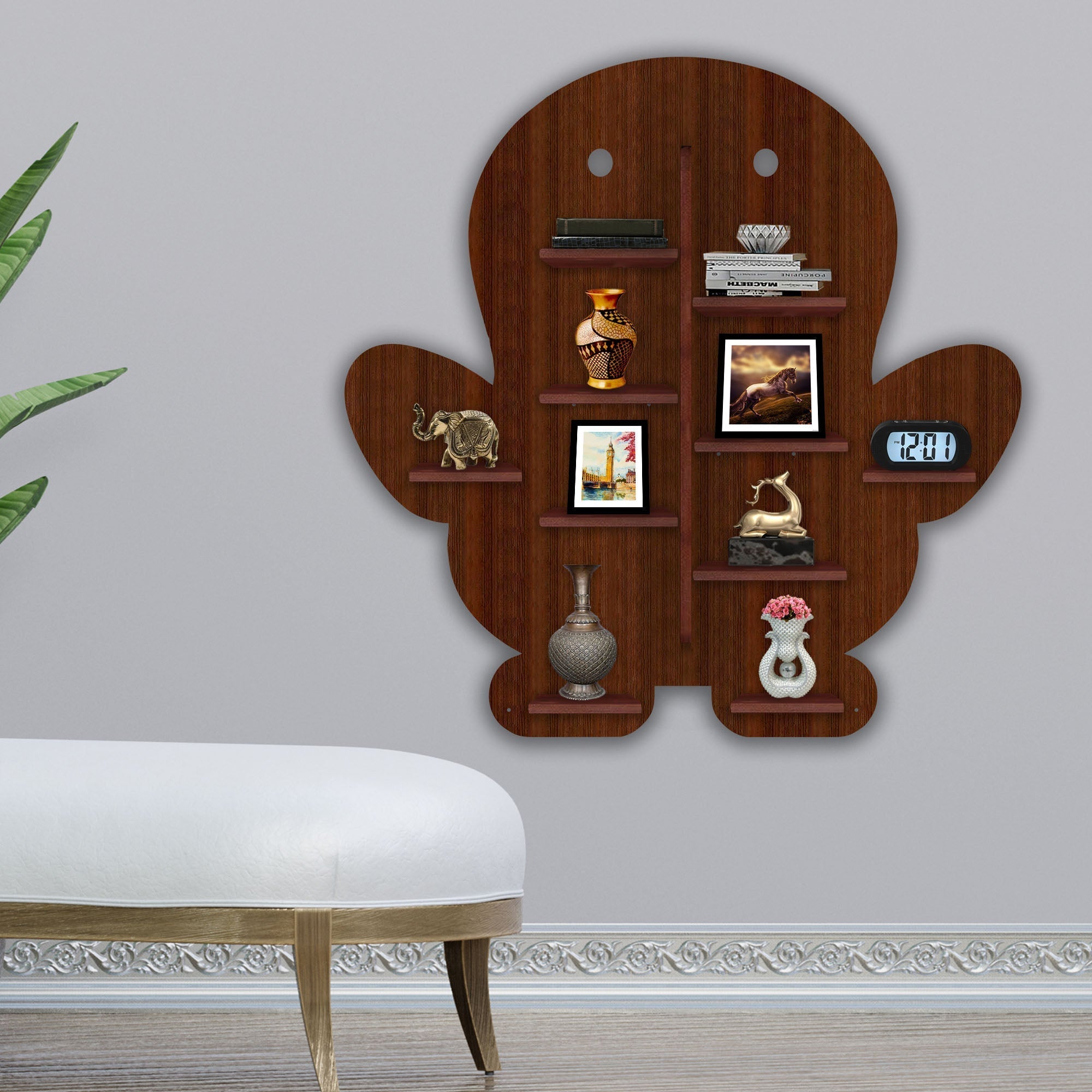 Baby Penguin Shape Wooden LED Wall Shelf | Premium Walnut Finish - Decorsmart