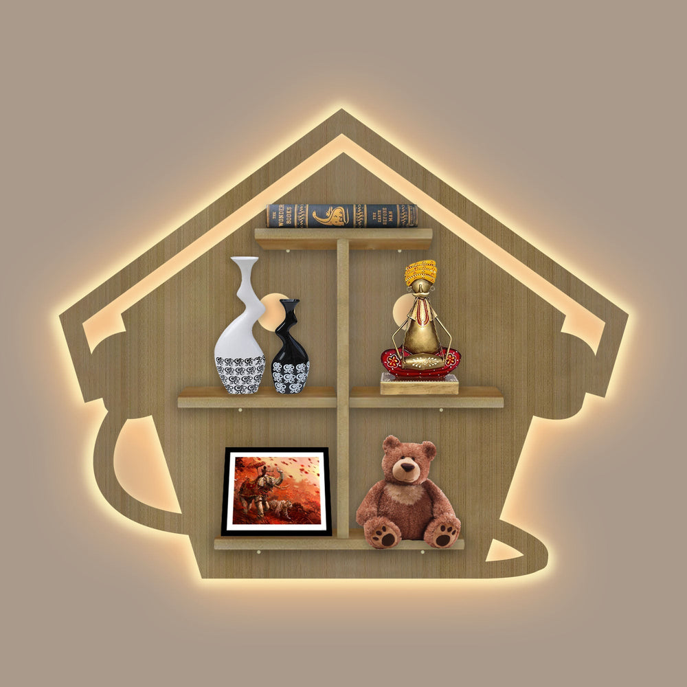 Beautiful Hut with Listening Music Wooden LED Light Wall Shelf with Oak Finish
