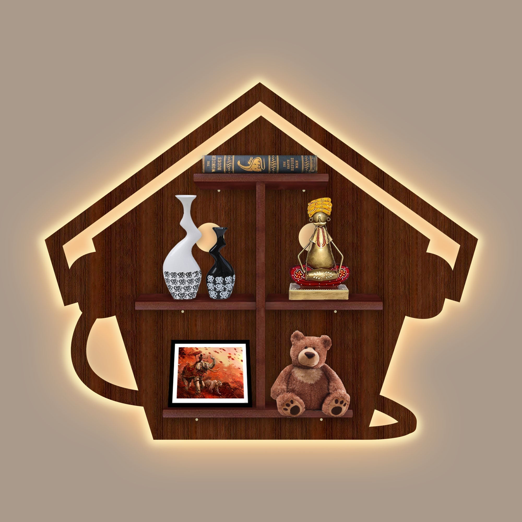 Beautiful Hut with Listening Music Wooden LED Light Wall Shelf with Walnut Finish