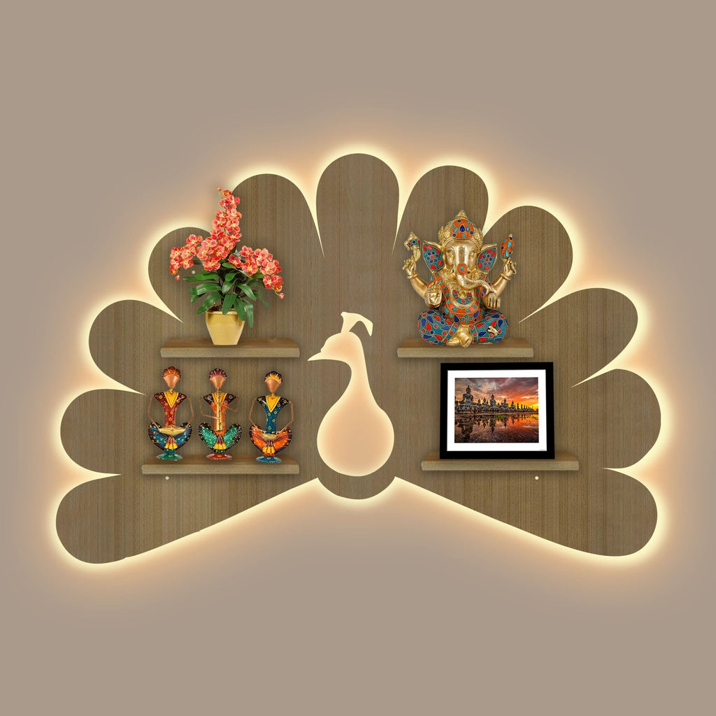 Peacock Shape LED Wooden Wall Shelf | Oak Finish Décor - Decorsmart