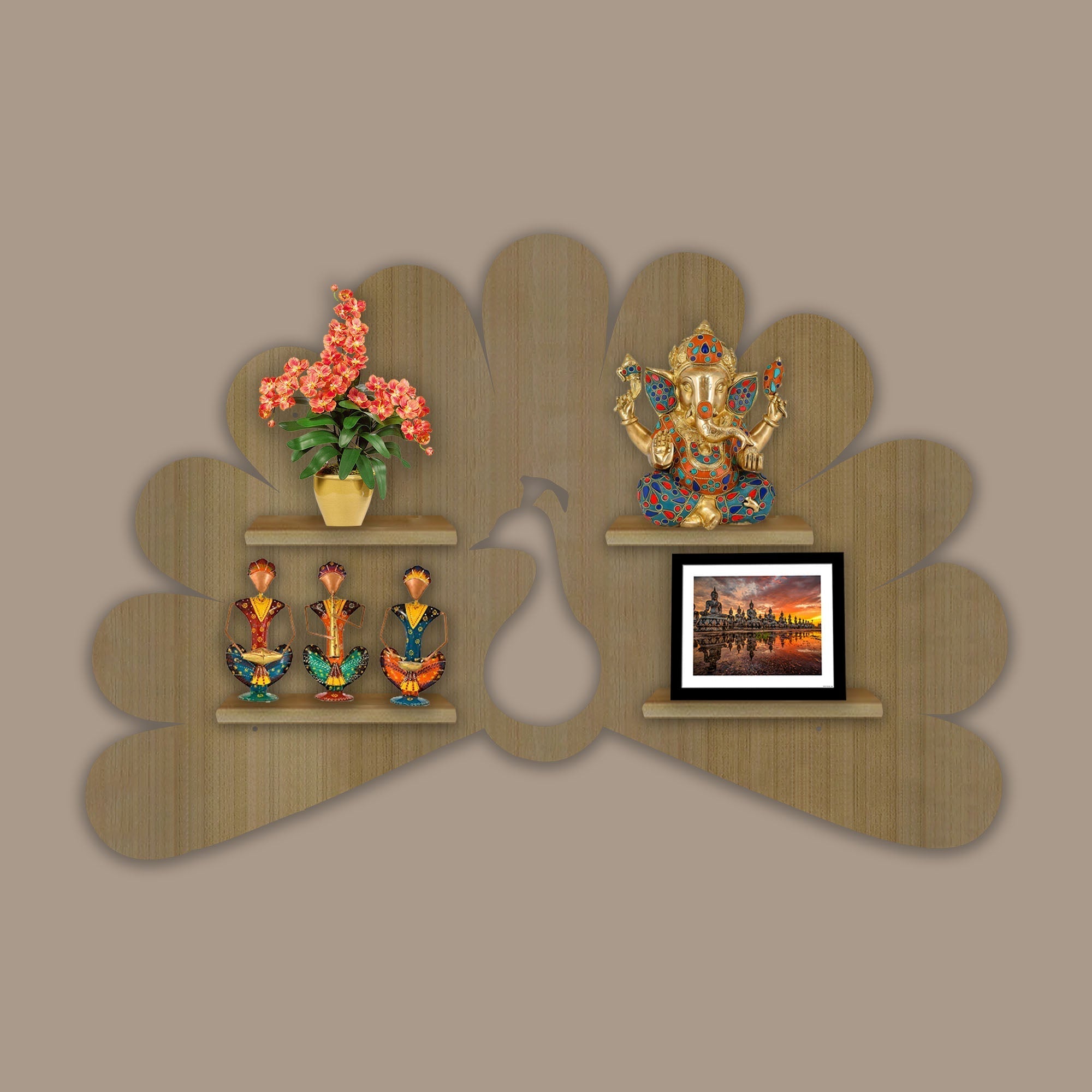 Peacock Shape LED Wooden Wall Shelf | Oak Finish Décor - Decorsmart