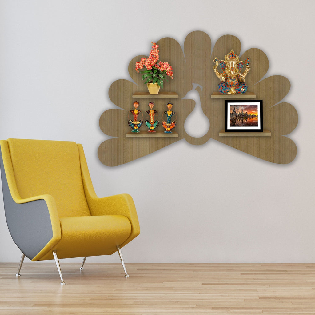 Peacock Shape LED Wooden Wall Shelf | Oak Finish Décor - Decorsmart