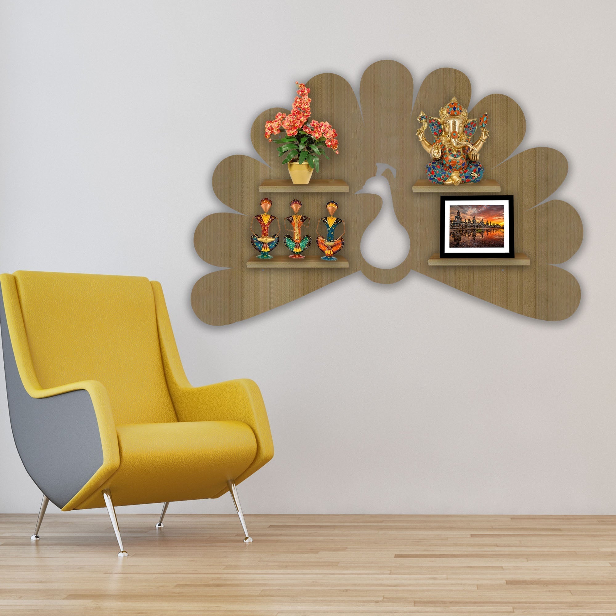 Peacock Shape LED Wooden Wall Shelf | Oak Finish Décor - Decorsmart