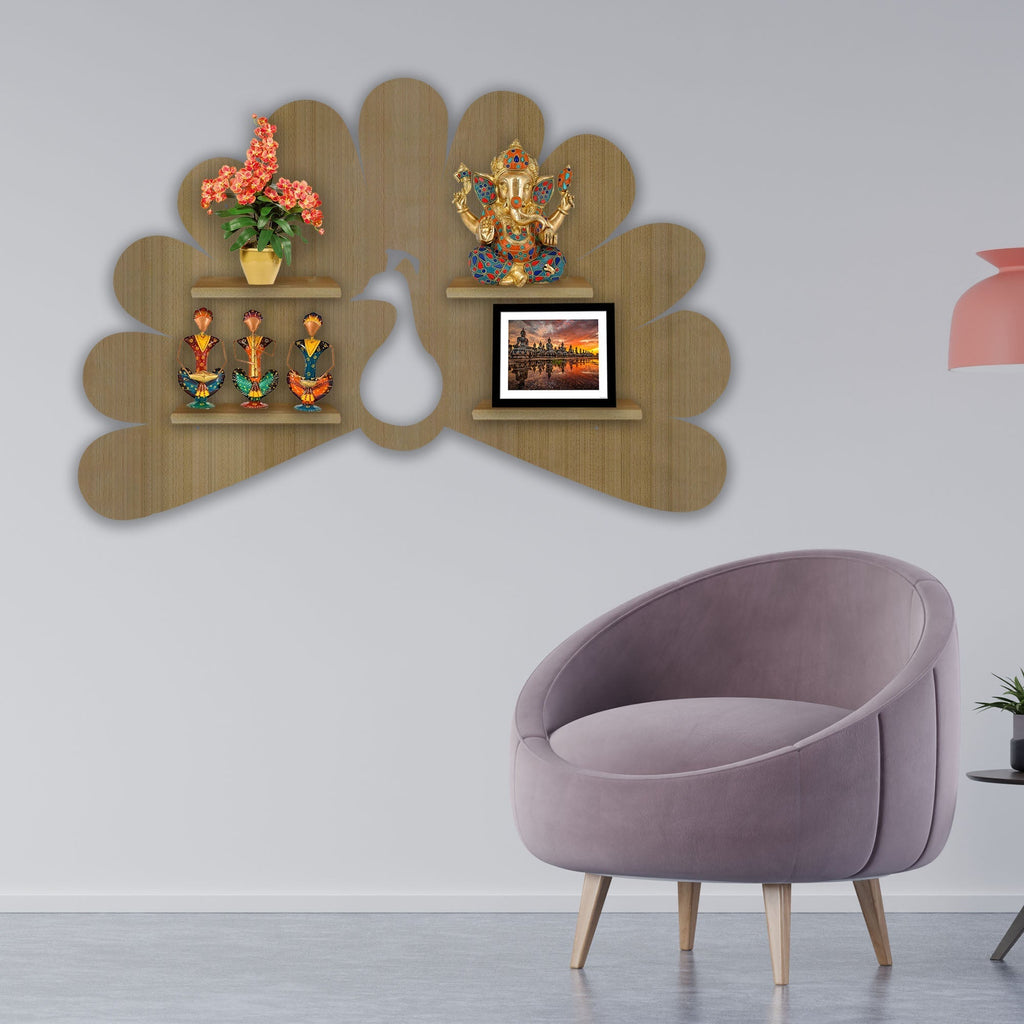 Peacock Shape LED Wooden Wall Shelf | Oak Finish Décor - Decorsmart