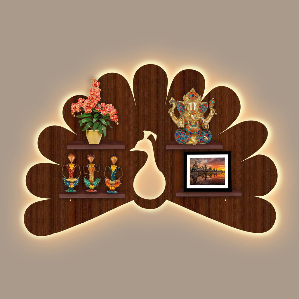 Peacock Shape LED Wooden Wall Shelf | Walnut Finish Décor - Decorsmart