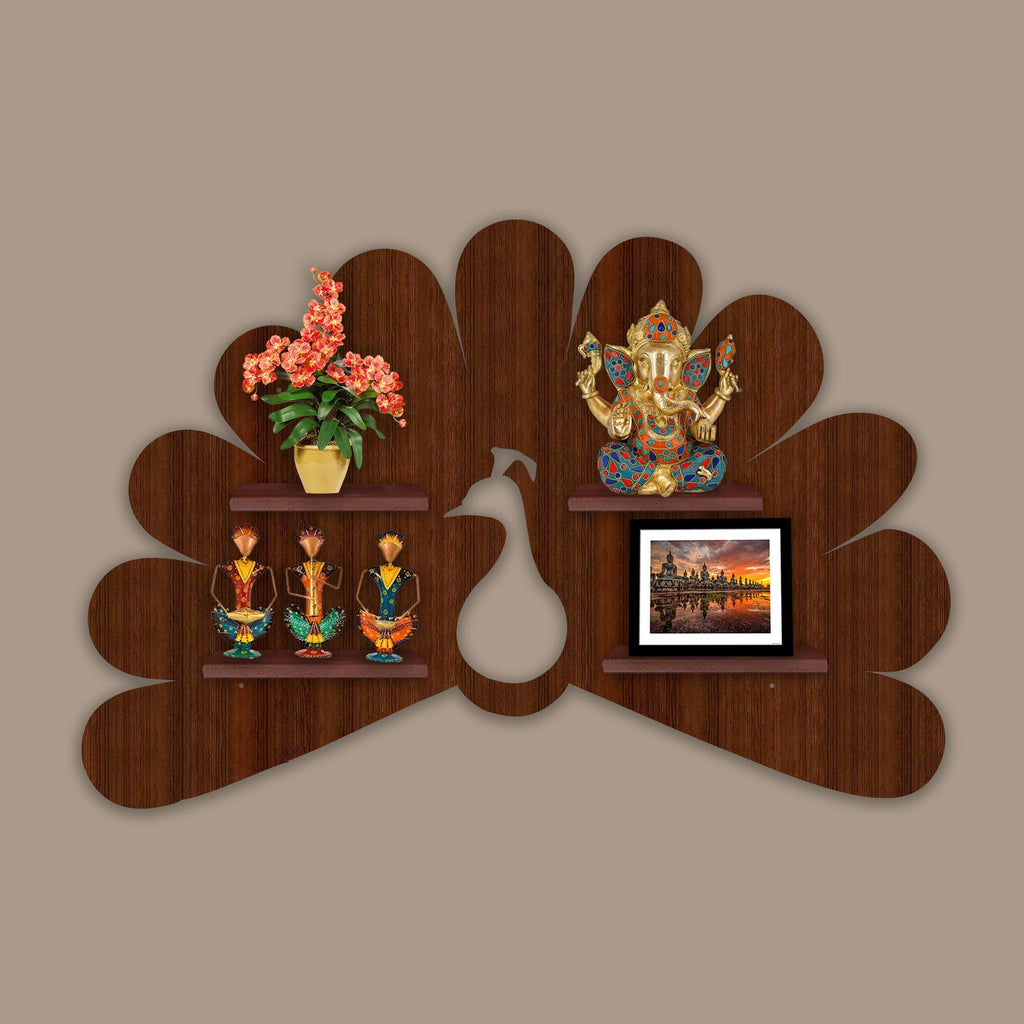 Peacock Shape LED Wooden Wall Shelf | Walnut Finish Décor - Decorsmart