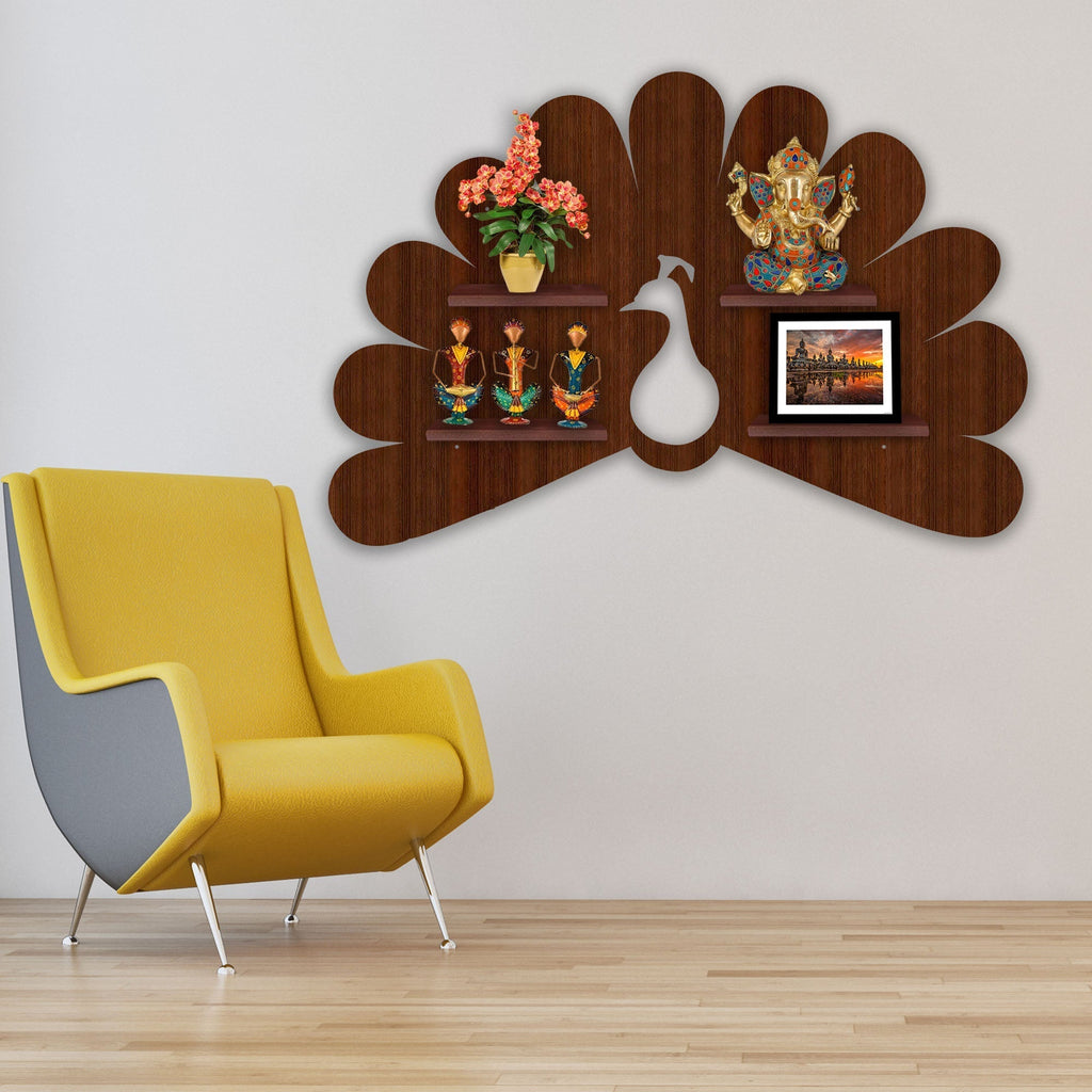 Peacock Shape LED Wooden Wall Shelf | Walnut Finish Décor - Decorsmart