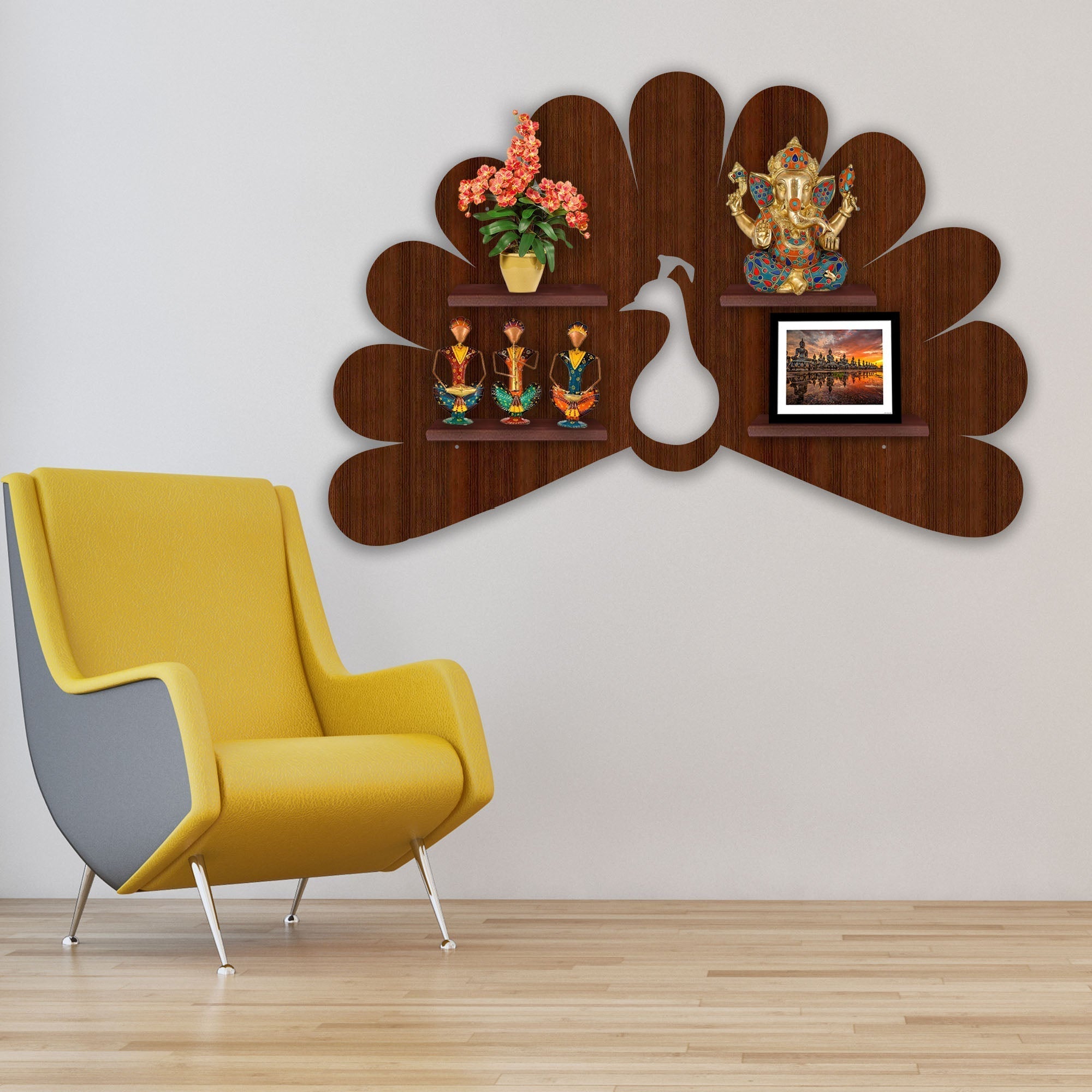 Peacock Shape LED Wooden Wall Shelf | Walnut Finish Décor - Decorsmart