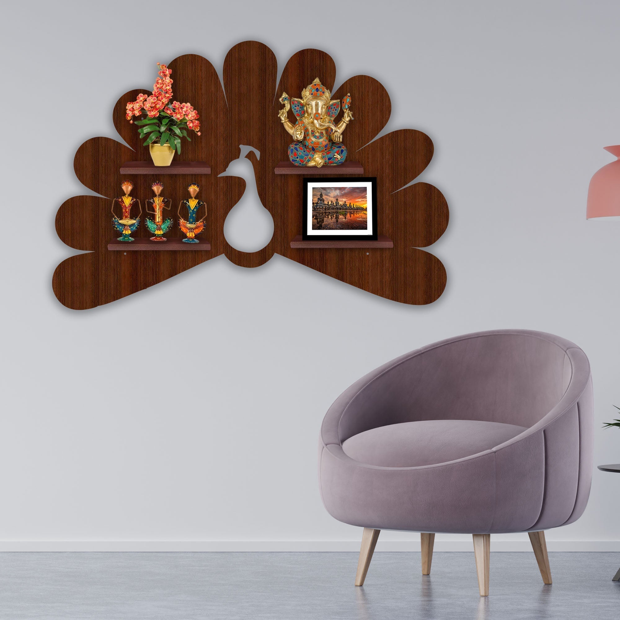 Peacock Shape LED Wooden Wall Shelf | Walnut Finish Décor - Decorsmart