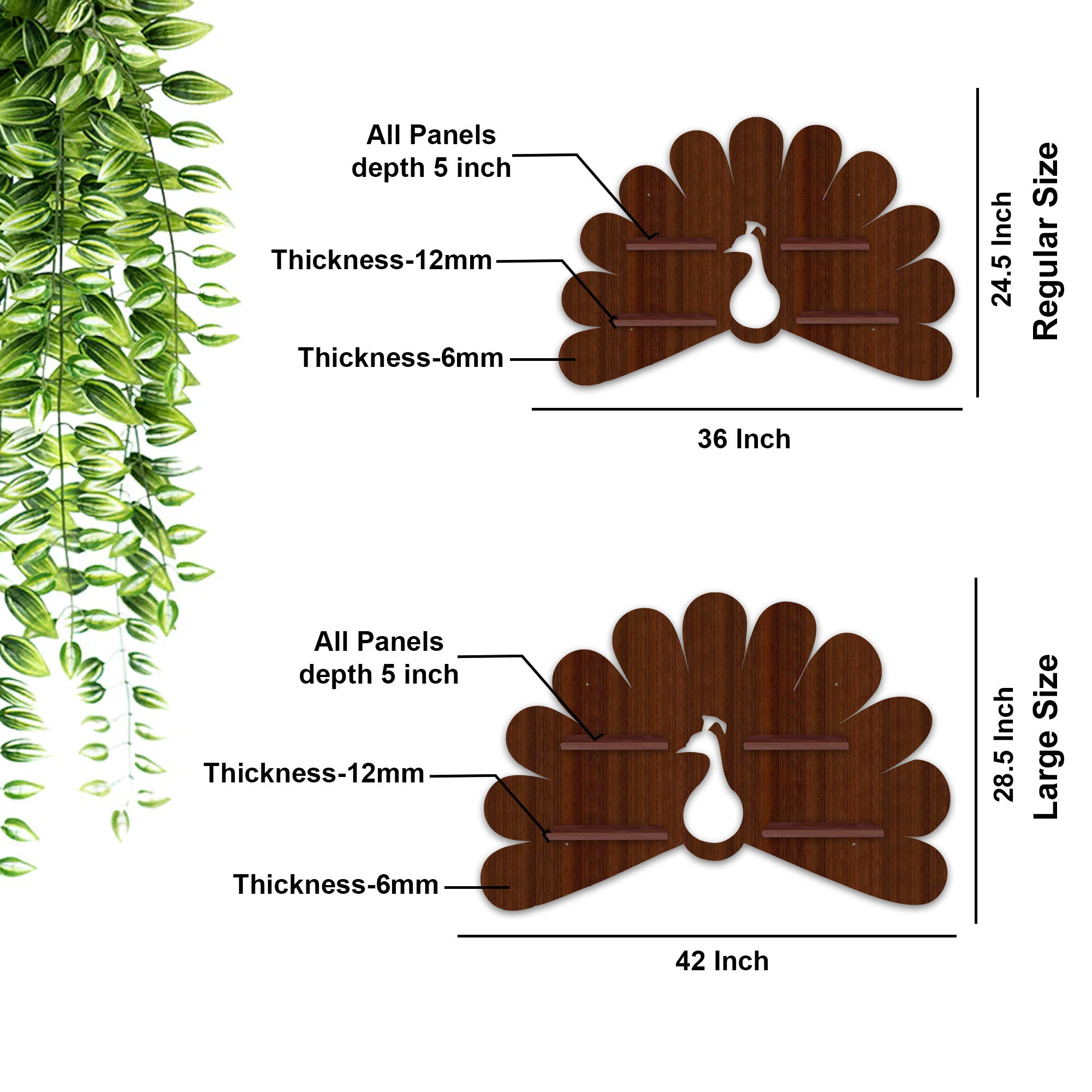 Peacock Shape LED Wooden Wall Shelf | Walnut Finish Décor - Decorsmart