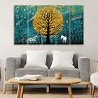Beautiful White Horses in Forest Premium Wall Painting of Five Pieces