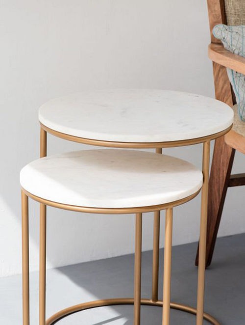 White Marble Top Iron Stand Coffee Table Set of 2