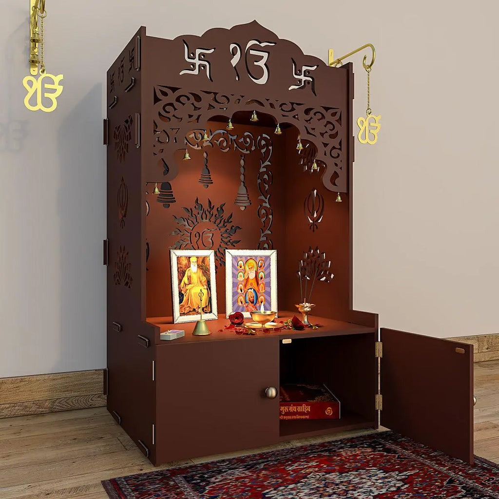 Brown Wooden Floor Pooja Mandir with Ik Onkar & Swastik Design Laser-Cut Bell Motifs Storage Cabinet & Ornate Arch