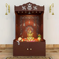 Brown Wooden Floor Pooja Mandir with Kalash & Om Design Laser-Cut Bell Motifs & Storage Cabinet