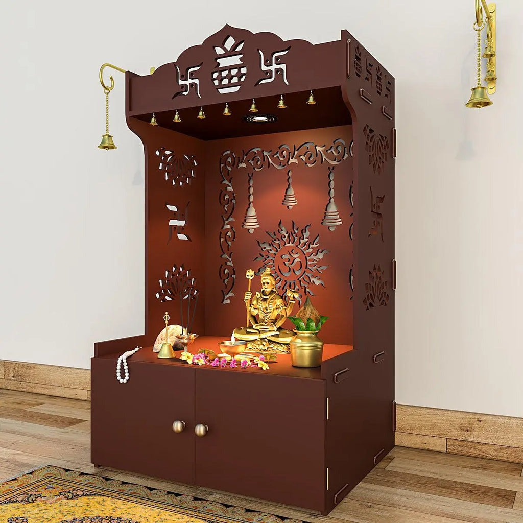 Brown Wooden Floor Pooja Mandir with Kalash & Om Design Laser-Cut Bell Motifs & Storage Cabinet