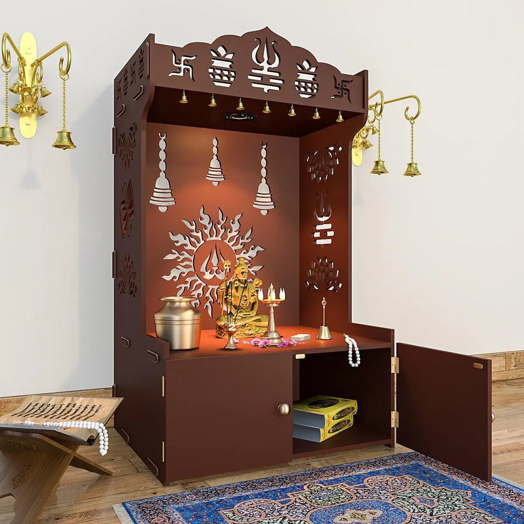 Brown Wooden Floor Pooja Mandir with Trishul & Kalash Design Laser-Cut Bell & Sun Motif Back Panel & Storage Cabinet