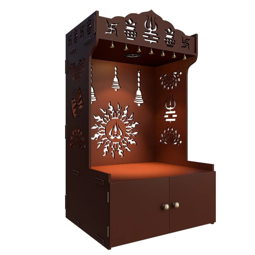 Brown Wooden Floor Pooja Mandir with Trishul & Kalash Design Laser-Cut Bell & Sun Motif Back Panel & Storage Cabinet