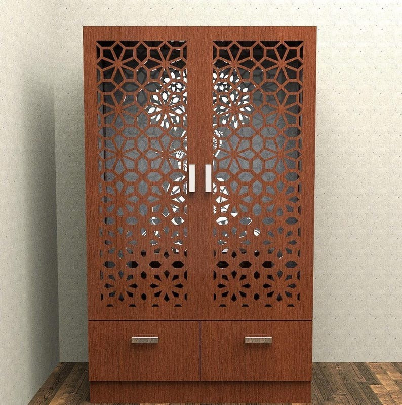 Brown Wooden Mandir for Home with Backlit Krishna and Peacocks