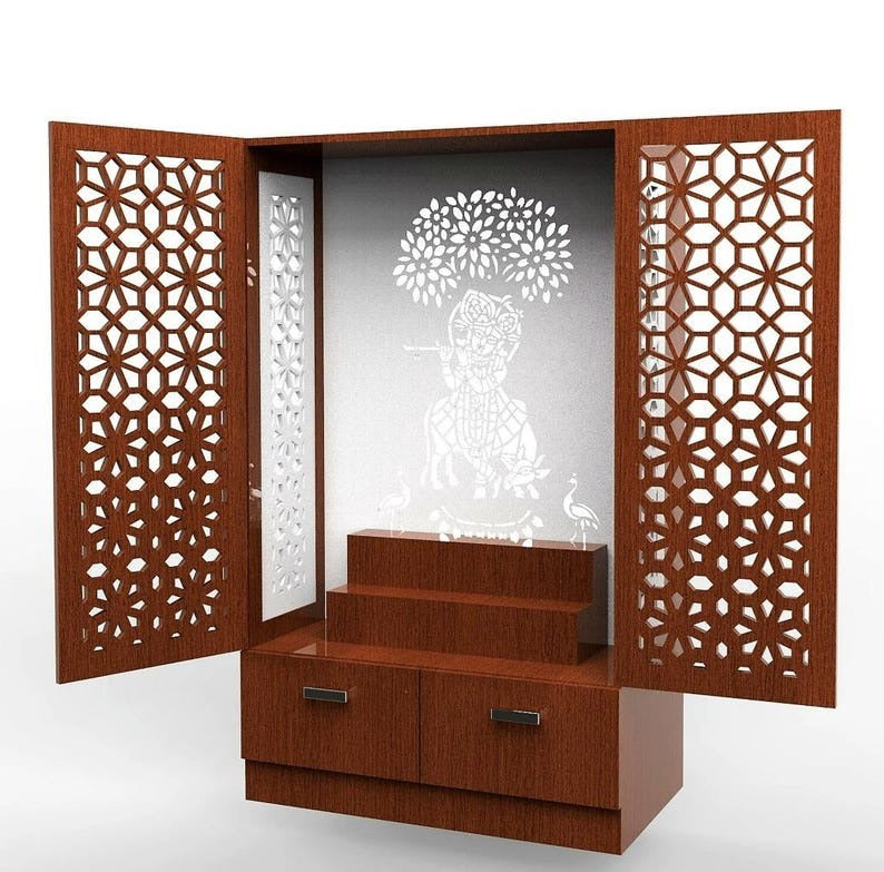 Brown Wooden Mandir for Home with Backlit Krishna and Peacocks